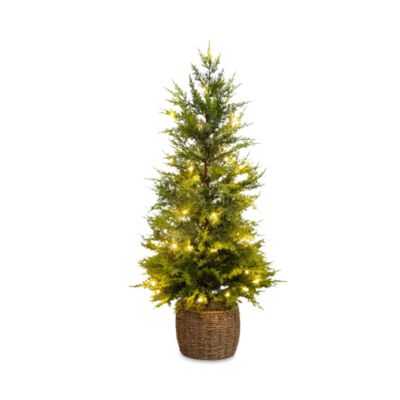Pre-Lit Artificial Lightly Snowed Cypress 3' Christmas Tree with Warm White LED Lights in Decorative Basket