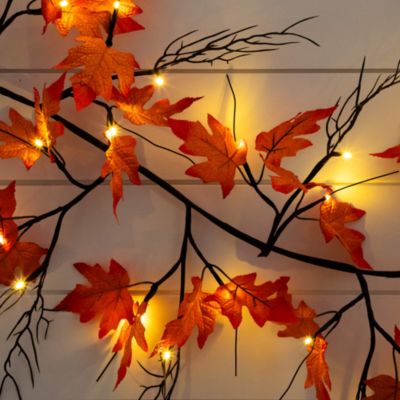 Pre-Lit Autumn Maple Artificial Fall 6&#39; Garland with Warm White LED Lights