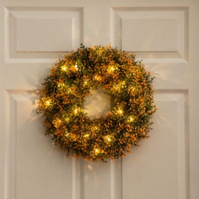 Pre-Lit Autumn Boxwood Artificial Fall 18&#39; Wreath with Warm White LED Lights