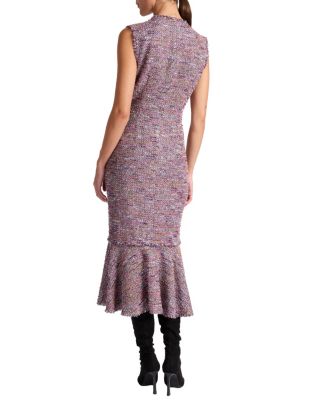 Andi Sleeveless Tweed Midi Sheath Dress with Flared Skirt Panel