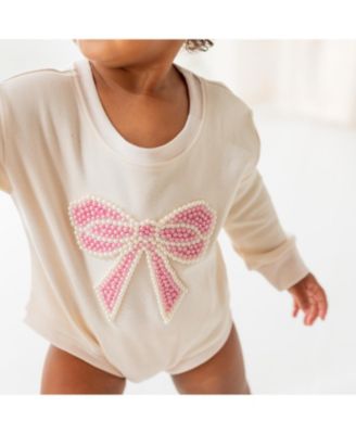 Girls' Pearl Bow Patch Long Sleeve Romper - Baby