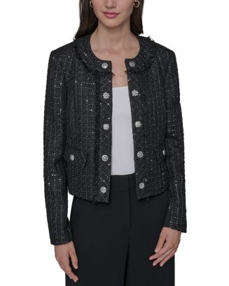 KARL LAGERFELD PARIS Cropped Collarless Tweed Jacket