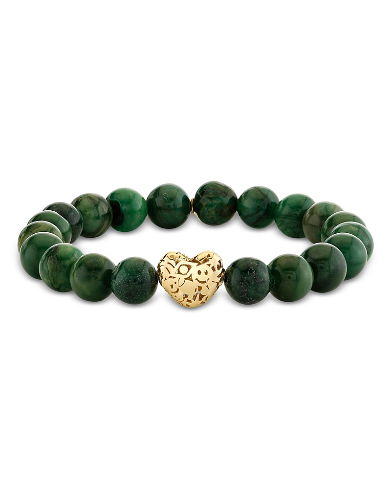 Sydney Evan 14k Yellow Gold Green Verdite Puffy Icon Wallpaper Heart Beaded Bracelet In Green