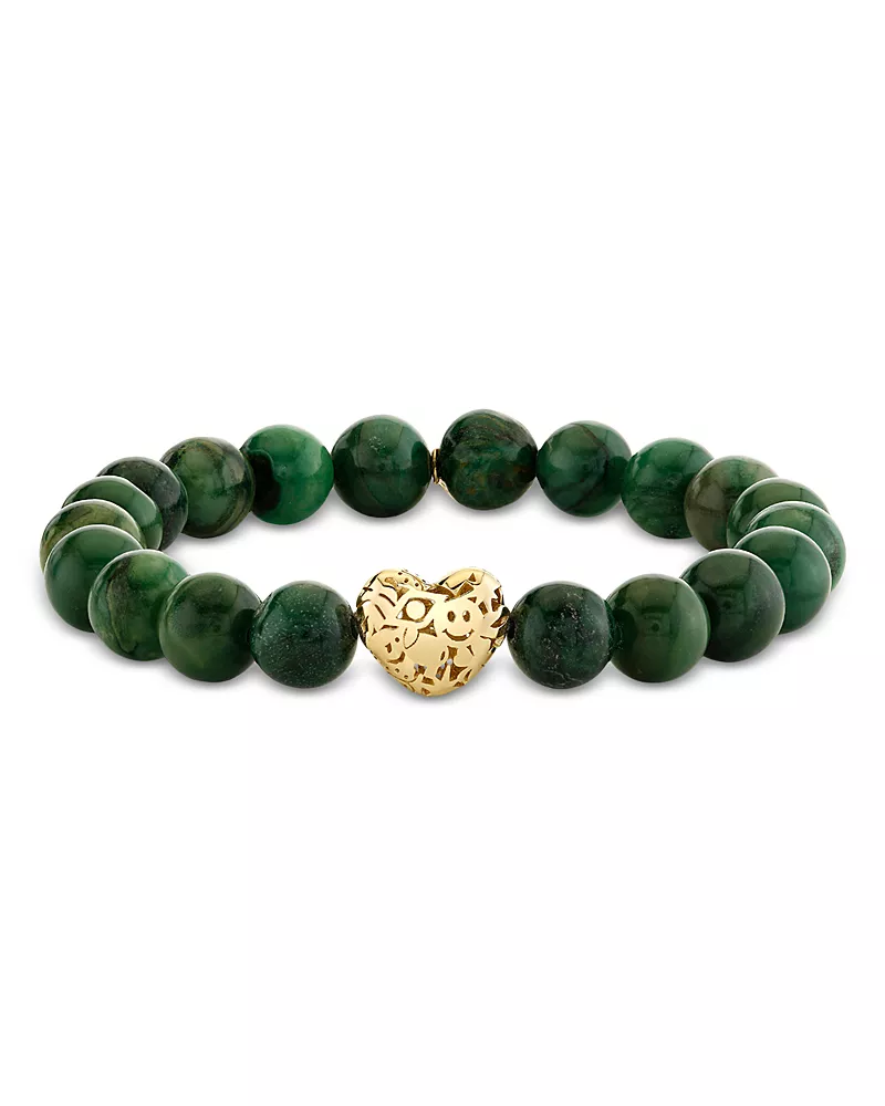 Sydney Evan 14K Yellow Gold Green Verdite Puffy Icon Wallpaper Heart Beaded Bracelet