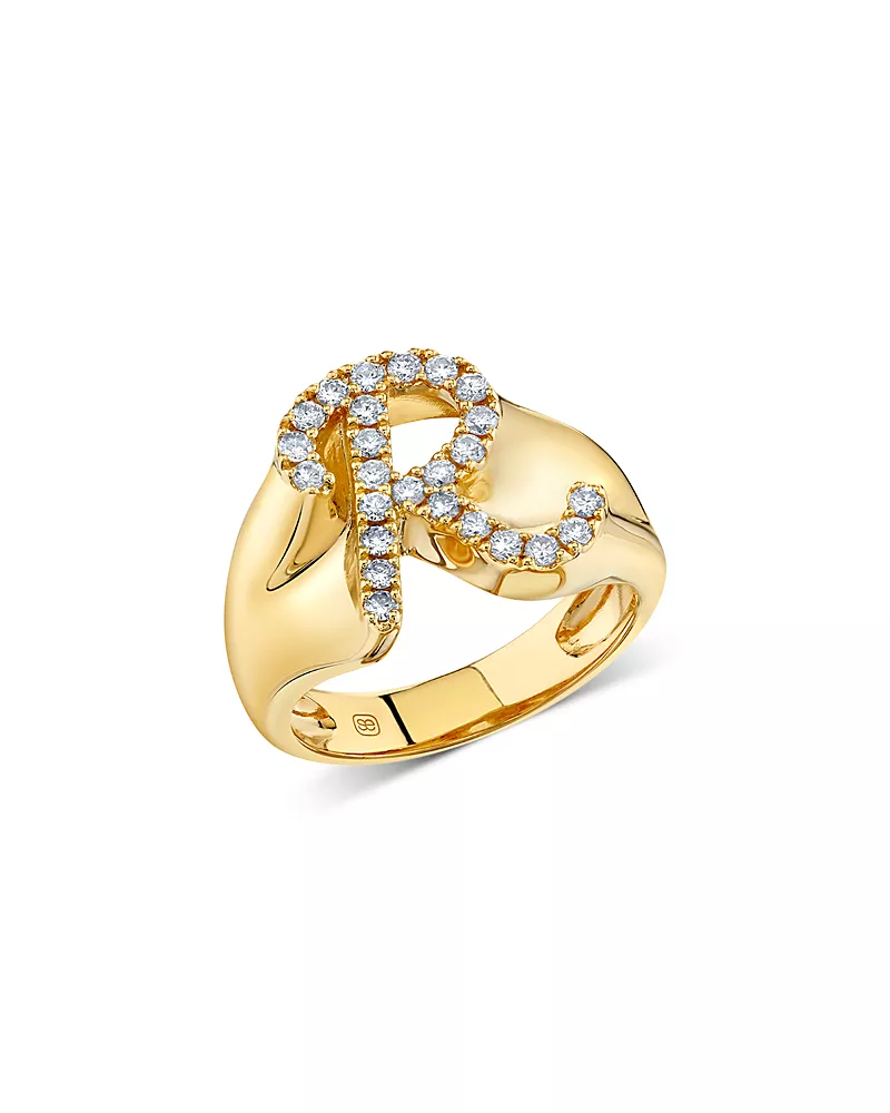 Sydney Evan 14K Yellow Gold Diamond Script Letter R Signet Ring, 0.41 tcw