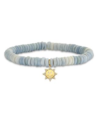 Sydney Evan 14k Yellow Gold Diamond & Blue Opal Small Happy Face Sun Charm Beaded Bracelet