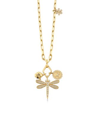 14K Yellow Gold Yellow Sapphire & Black & White Diamond Dragonfly Pendant Necklace, 22"