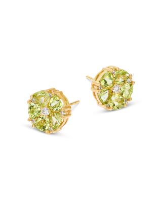 Peridot & Diamond Flower Stud Earrings in 14K Yellow Gold