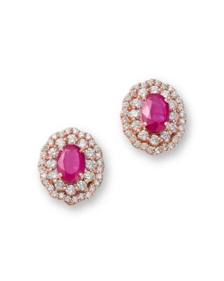 Ruby & Diamond Halo Stud Earrings in 14K Rose Gold