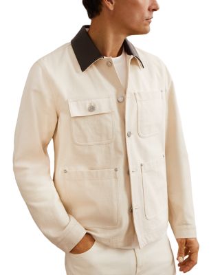 Clapper Long Sleeved Denim Leather Collar Worker Jacket