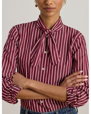 Striped Cotton Broadcloth Tie Neck Shirt