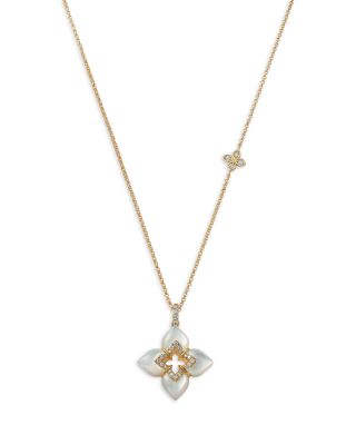 18K Yellow Gold Venetian Princess Cabochon Mother of Pearl & Diamond Flower Pendant Necklace, 16-18"