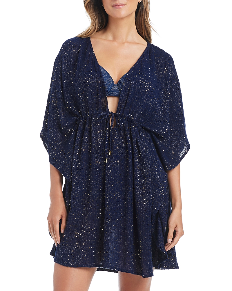 Beyond Control Bleu Rod Beattie Sequin Tie Front Caftan In Blue