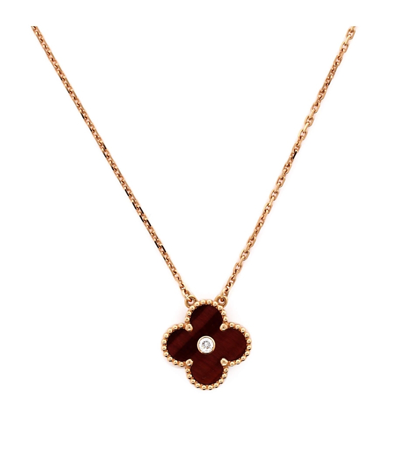 PRE-OWNED VAN CLEEF & ARPELS Pre-owned Van Cleef & Arpels Vintage Alhambra Pendant Necklace 18k Rose Gold And Tiger Eye With Diam In Pink