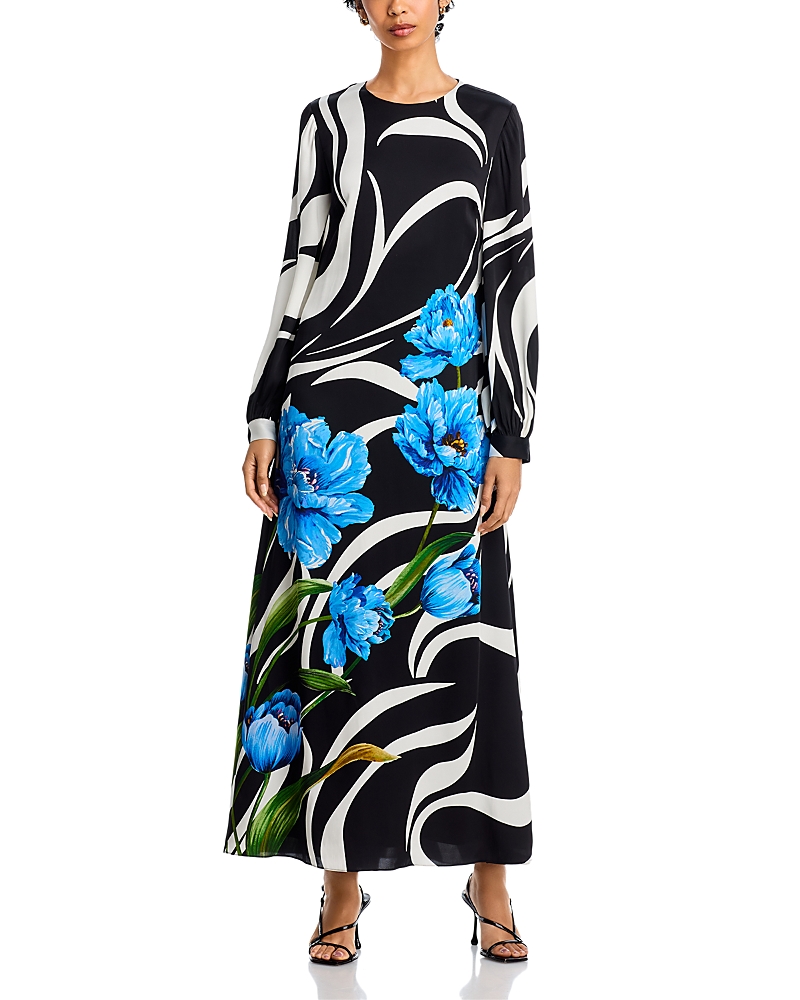 Elie Tahari The Renata Mixed Print Long Sleeve Silk Blend Maxi Dress In Multi