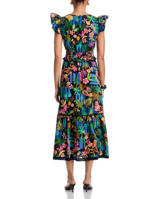 Tropical Ruffled Sleeve V Neck Midi Dress - Exclusive