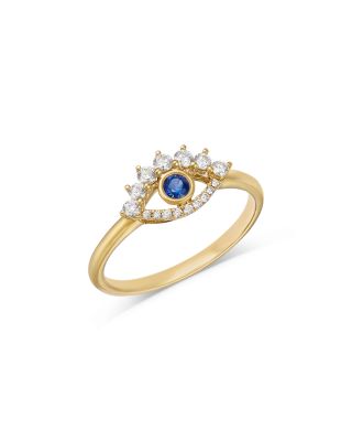 Blue Sapphire & Diamond Evil Eye Ring in 14K Yellow Gold
