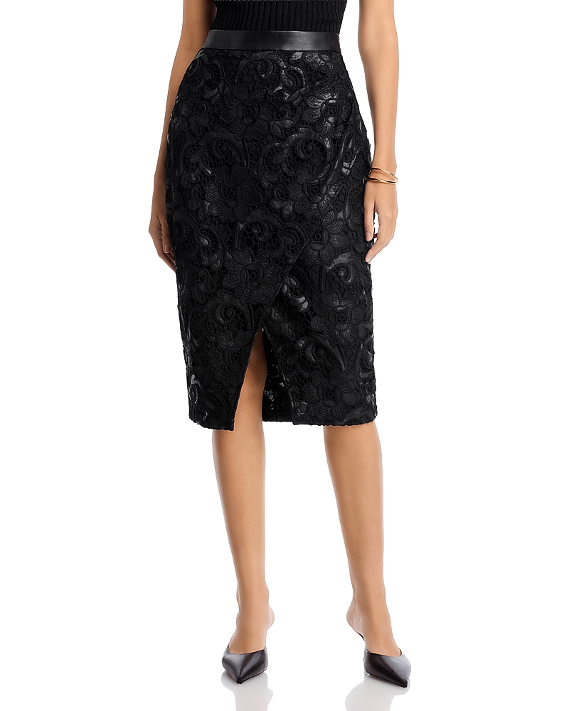 Elie Tahari The Vivienne Wrap-front Lace Midi Skirt In Black