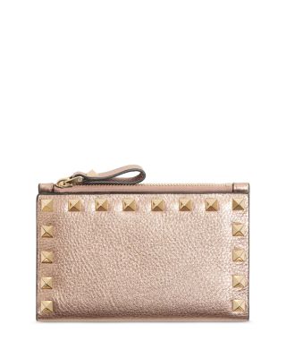 Rockstud Laminated Grainy Leather Card Holder