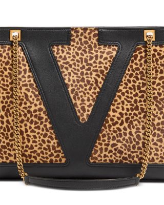 VLogo Medium Leopard Print Calf Hair Tote