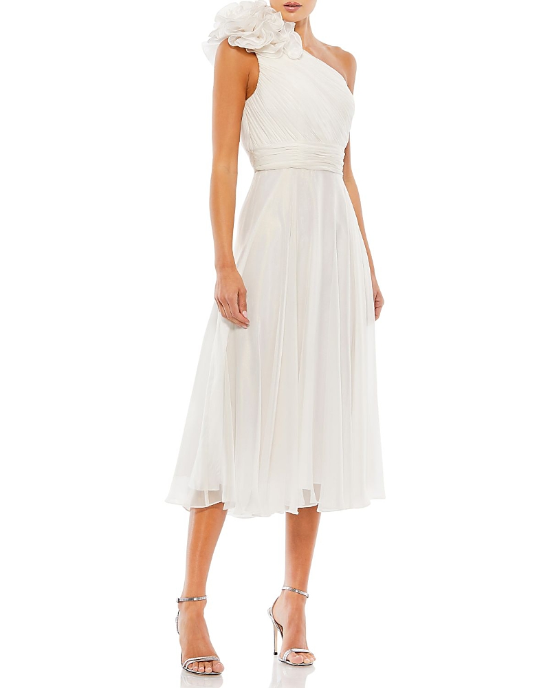 Mac Duggal Rosette One Shoulder Tea Length Dress