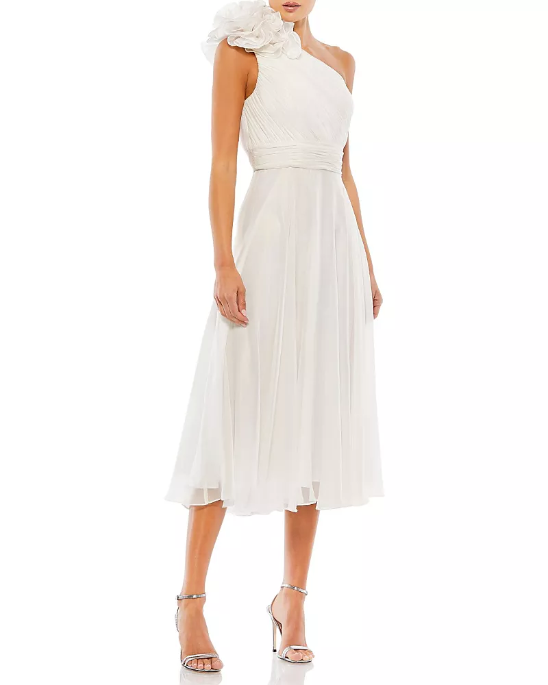 Mac Duggal Rosette One Shoulder Tea Length Dress