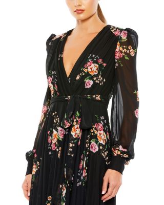  Belted Floral Print Illusion Long Sleeve Gown