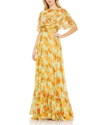  Floral Print High Neck Cape Sleeve A Line Gown