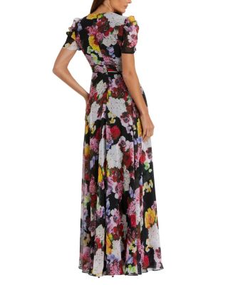 Floral Print Mesh Cap Sleeve Gown