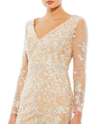 Embroidered V Neck Long Sleeve Trumpet Gown