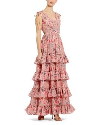 Drawstring Shoulder Floral Chiffon Tiered Gown
