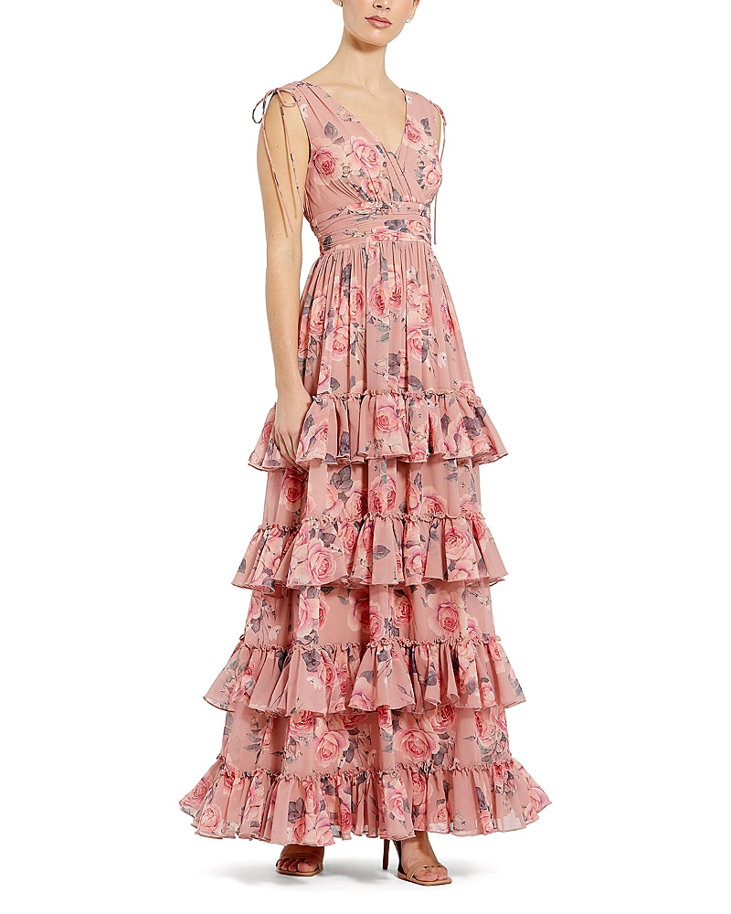 Mac Duggal Drawstring Shoulder Floral Chiffon Tiered Gown In Pink