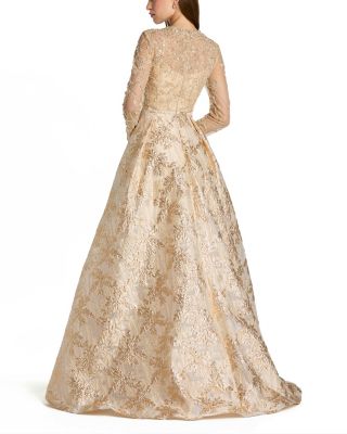  Long Sleeve Beaded Mesh Brocade Skirt Ballgown