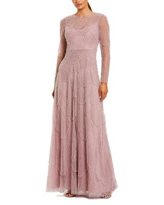 Beaded Mesh High Neck Long Sleeve A Line Gown