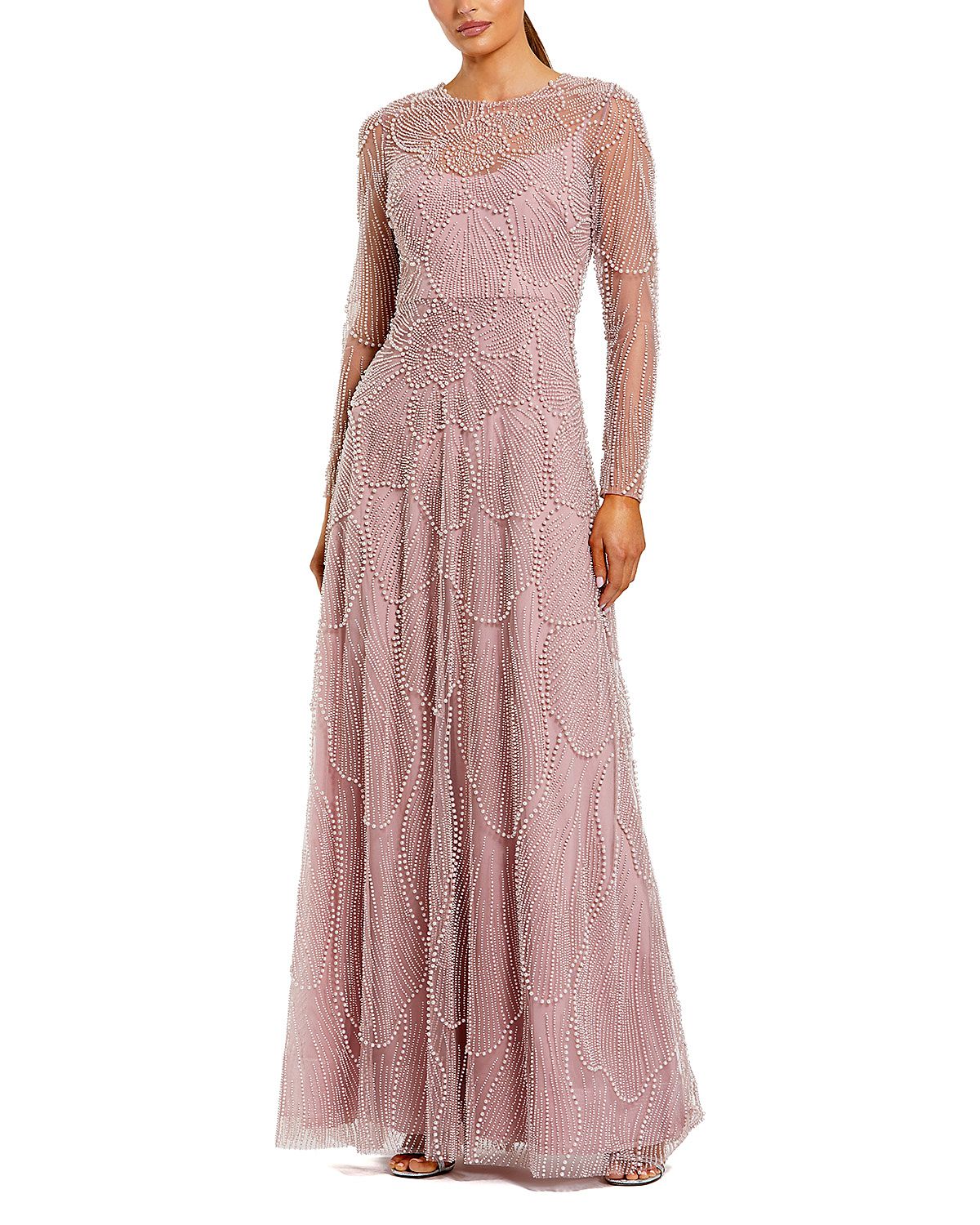 Mac Duggal Beaded Mesh High Neck Long Sleeve A Line Gown