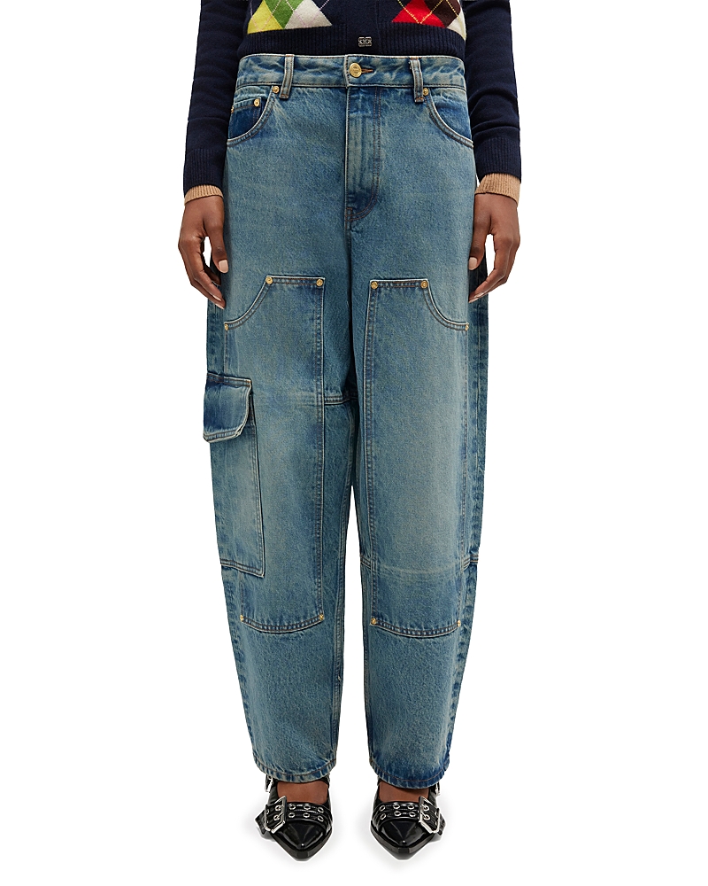 Ganni Essentials Tint Rigid Low Rise Carpenter Jeans in Mid Blue Vintage