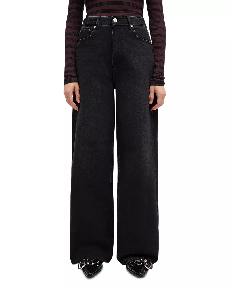 Ganni Essentials Rigid High Rise Straight Wide Jeans in Black Washed