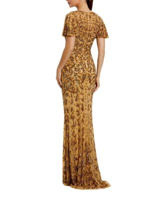 Embellished High Neck Flutter Sleeve Gown