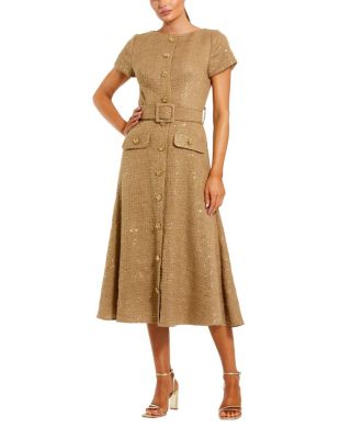 Boucle Cap Sleeve High Neck Button Up Midi Dress