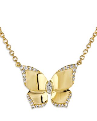 18K Yellow Gold Butterfly Diamond Oro Pendant Necklace, 16-18"