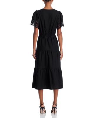 Short Sleeved Lace V Neck Midi Dress - Exclusive