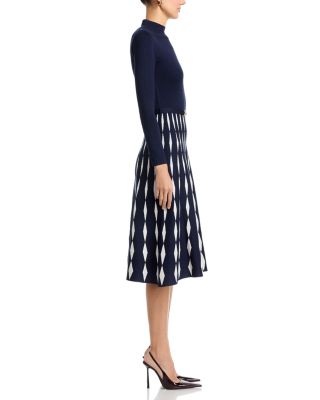 Mock Neck Flared Diamond Jacquard Dress