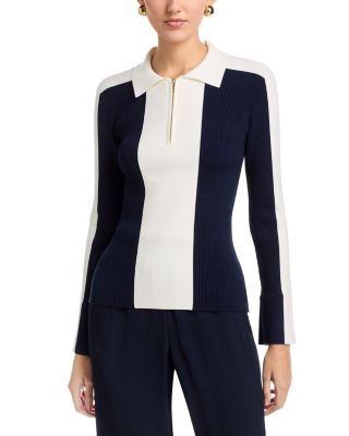 Long Bell Sleeved Color Blocked Collared Half Zip Sweater