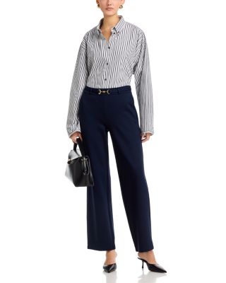 Buckle Belt Elastic Back Wide Leg Pants