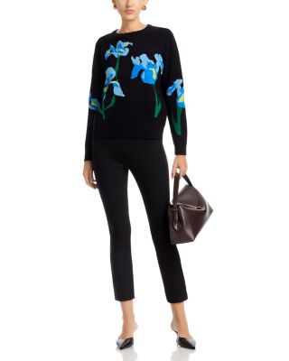 Long Sleeved Flower Jacquard Crewneck Pullover Sweater
