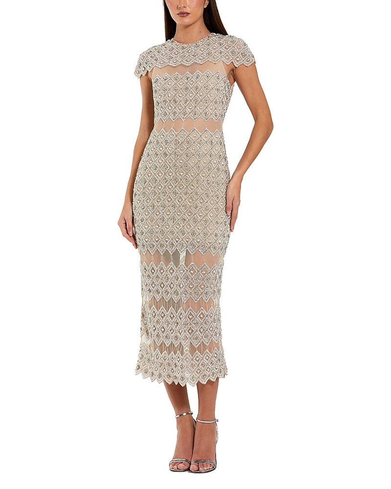 Mac Duggal Beaded Mesh Fitted Midi Dress With Sheer Panels In Nude