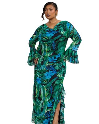 Ruffle Cowl Neck Palm Print Maxi Dress