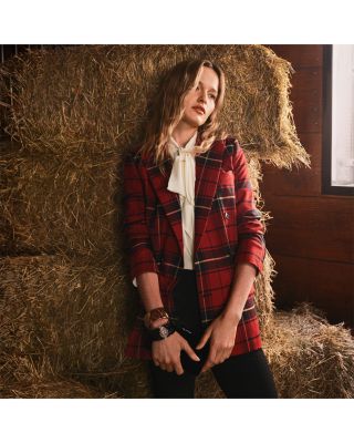 Plaid Double Breasted Wool Blend Blazer