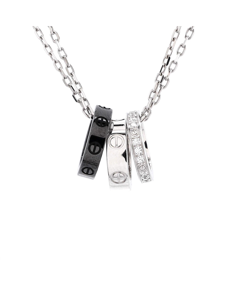 Pre-owned Pre-owned Cartier Cartier Love 3 Ring Pendant Necklace 18k White Gold And Ceramic With Diamonds, 15.25 - 16.