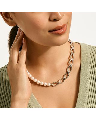 Sterling Silver Surf Cultured Freshwater Pearl Collar Necklace, 18"